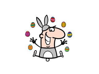 Happy easter bunny man juggling colorful eggs