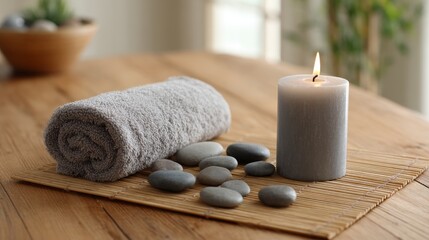 Serene wellness setup with rolled towel, flickering candle, smooth pebbles on bamboo mat in tranquil spa environment