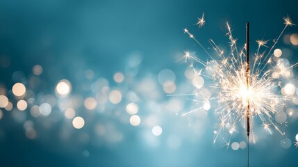 Obraz premium Bright sparker with sparkling trails against navy bokeh background capturing joy and celebration in medium shot