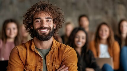 A cheerful young man in an orange jacket stands confidently among a group of people smiling, highlighting teamwork and communication in a friendly environment.