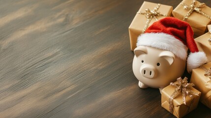 Cute piggy bank wea Santa hat surrounded by wrapped Christmas gifts on wooden surface festive holiday scene