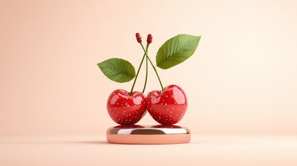 Minimalist Still Life with Juicy Red Cherries, Green Leaves, and a Modern Smartphone on Soft Pink Background