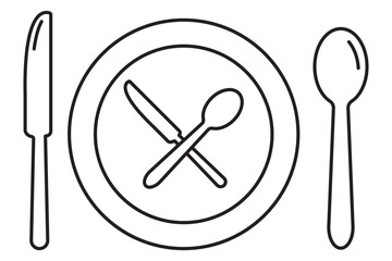 Fork, spoon, knife and plate. Menu symbol.  Food, plate, fork, knife, spoon, cutlery icon set.   