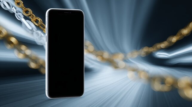 Modern smartphone with blank screen surrounded by swirling digital tokens in gold and blue hues against sleek black background highlighting technology and finance