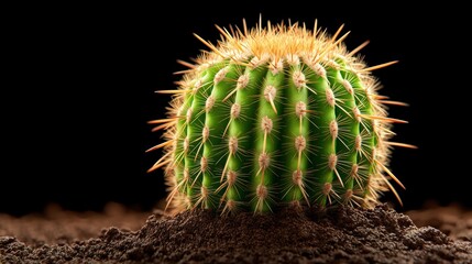 Close-up of a vibrant green spherical cactus with golden spines growing in dark soil on black background