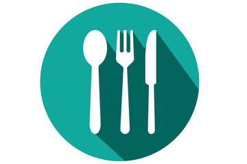 Fork, spoon, knife and plate. Menu symbol.  Food, plate, fork, knife, spoon, cutlery icon set.   