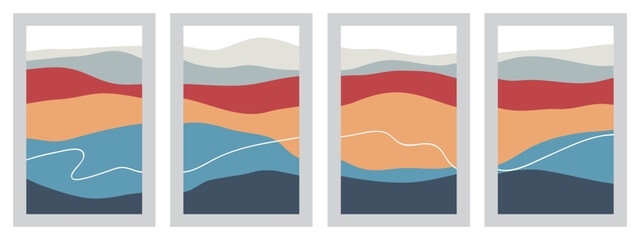 Set of creative abstract mountain landscape and mountain range backgrounds.Mid century modern vector illustrations with hand drawn mountains,sea or lake,sky,sun and moon.Trendy