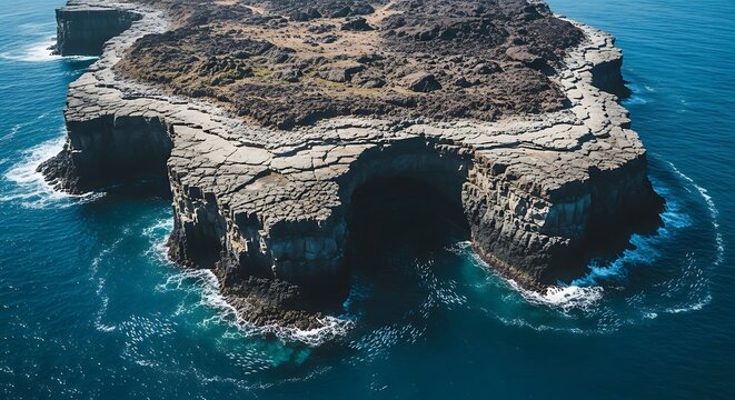 Aerial view of volcanic island with ocean cave and cliffs - Powered by Adobe