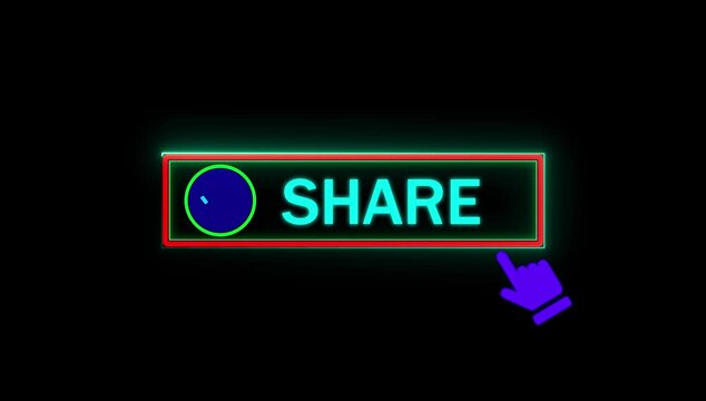 Glowing neon green color aqua text cursor animation pointing towards share button in looping with transparent background.