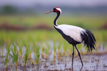 Fototapeta premium Red crowned crane in rice paddy wetland habitat