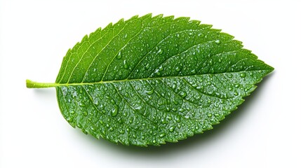 Close-up of a vibrant green leaf with detailed texture and water droplets on a white background