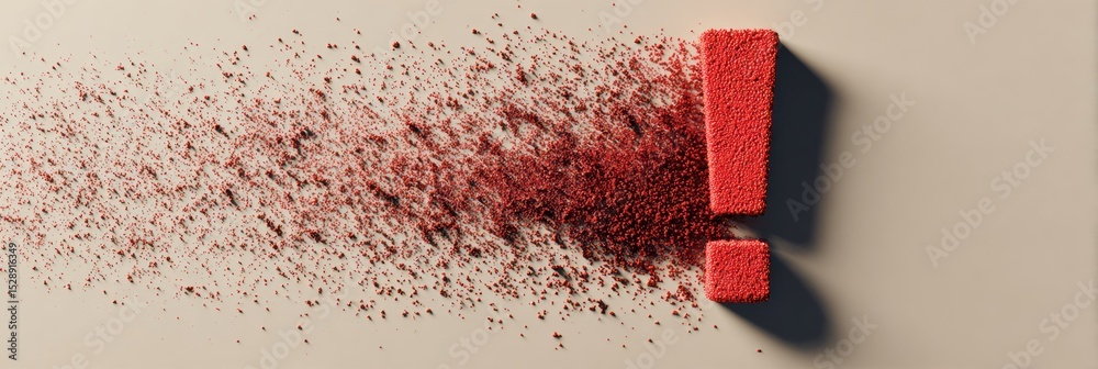 Aufkleber Bold Red Exclamation Mark on a Neutral Background With a Dynamic Scattering Effect Creating a Sense of Urgency and Awareness