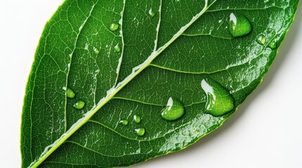Close-up of a vibrant green leaf with water droplets, detailed surface texture and prominent veins