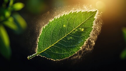 Close-up of a green leaf covered in fine white dust or spores with sunlight background and detailed texture