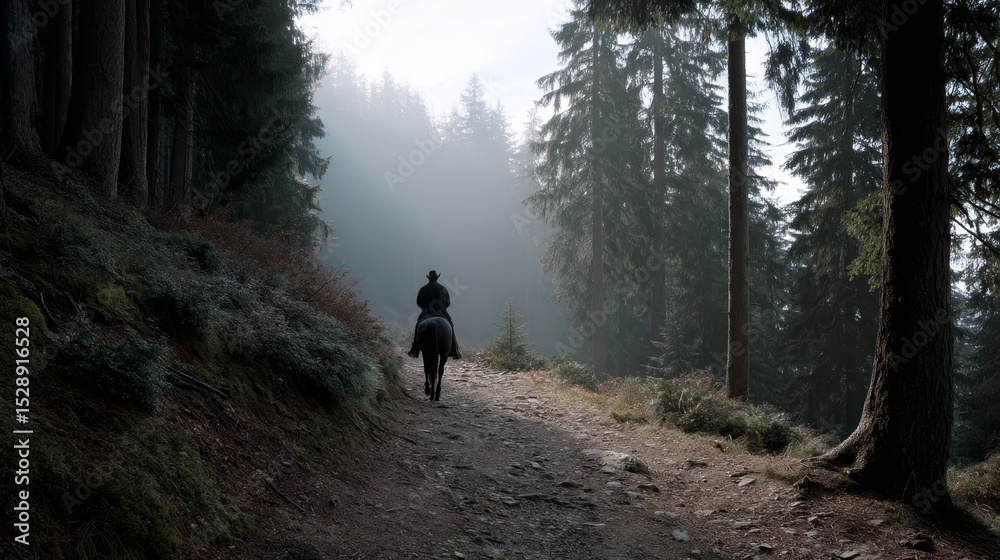 Poster Solitary rider on horseback traversing misty forest path with soft morning light filtering through dense trees