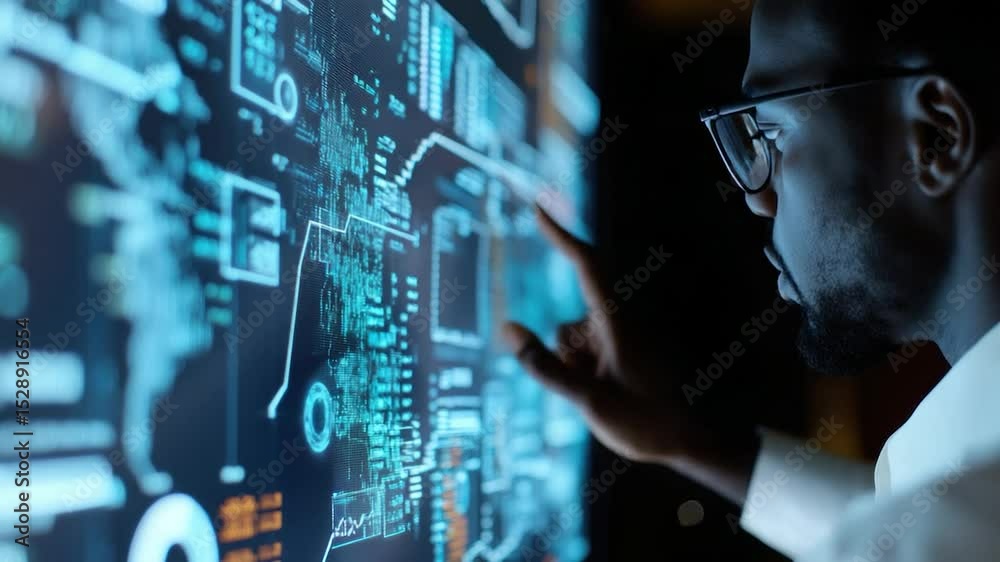 Poster Person interacting with a large interactive display screen