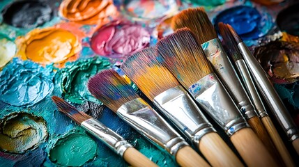 Obraz premium Painterly tools and vibrant colors: paintbrushes rest on a palette of richly textured oil paints, ready for artistic creation.