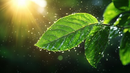 Close-up of vibrant green leaves with water droplets on a sunny day in nature with sunlight shining through