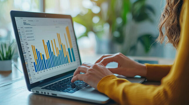 A focused individual analyzes statistical data and charts on a laptop in a bright modern workspace