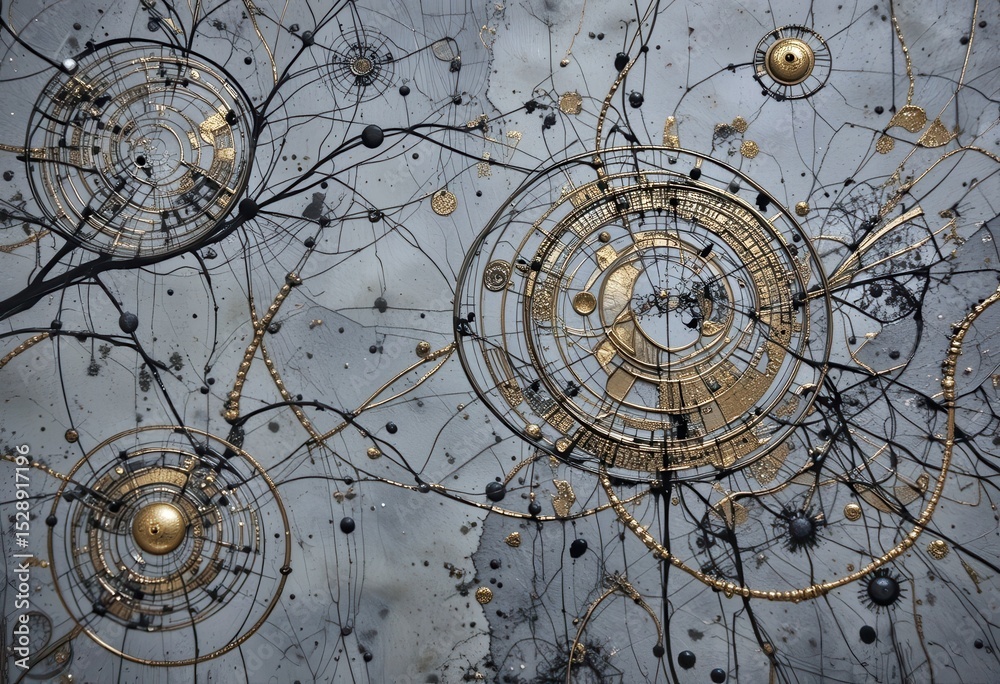 Fototapete modern abstract design featuring intricate circular patterns and dynamic lines on a dark background