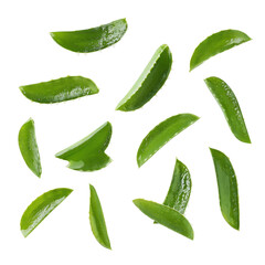 Fresh cut aloe vera leaves arranged neatly on a Transparent background ready for use in skincare and remedies, Cut Aloe Vera leaves on PNG background