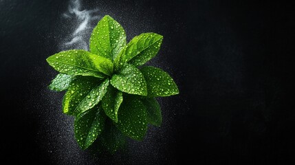 Fresh vibrant green herbal plant with water droplets on leaves on dark background for natural health and wellness use