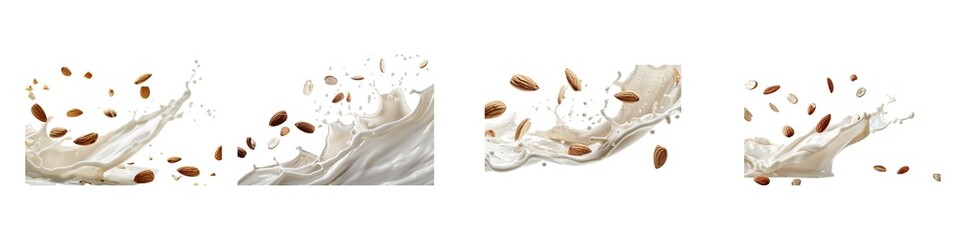 Set of almond milk splashes with nuts isolated on transparent background