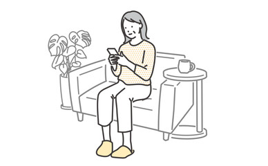 ソファでくつろぎながら携帯を操作するシニア女性のイラスト素材