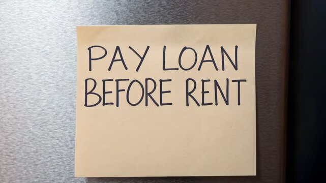 Loan living pay concept. A sticky note reminds the reader to prioritize paying a loan before the rent payment is due.