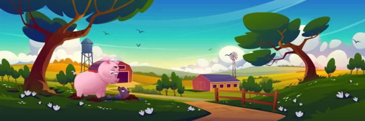 Gardinen Bauernhof Cartoon pig surprised by skunk while digging on farm landscape - pink piggy discovers black creature in dirt near tree. Rural scene with barn, water tower, windmill, green fields for funny animal game  © klyaksun