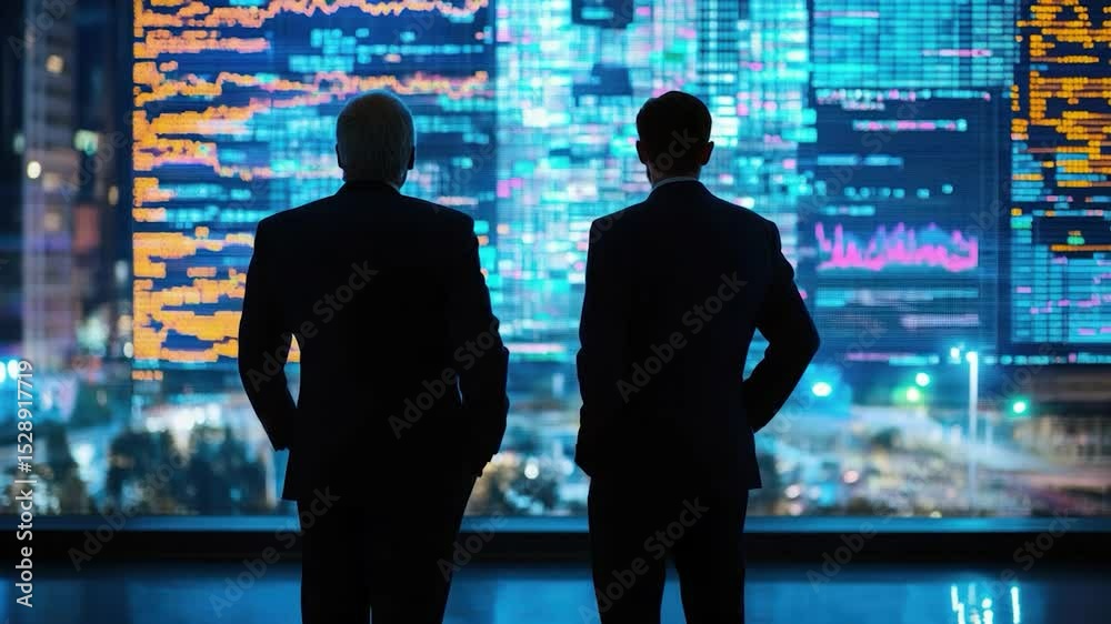Poster Businessmen looking at a large screen displaying data