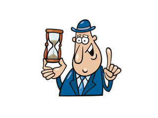 Illustration of cartoon businessman in suit holding hourglass isolated on white background