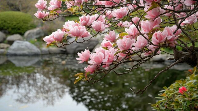 Close-up of a tree branch with pink magnolia flowers blooming on it. the branch is in full bloom and the flowers are a beautiful shade of pink.