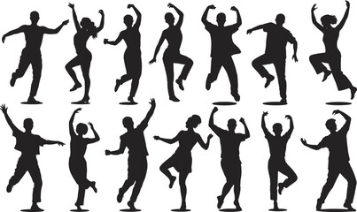 Energetic Group of Dancing People Silhouettes: Dynamic Poses and Joyful Movements in Vector Illustration for Celebrations, Parties, and Active Lifestyle Concepts
