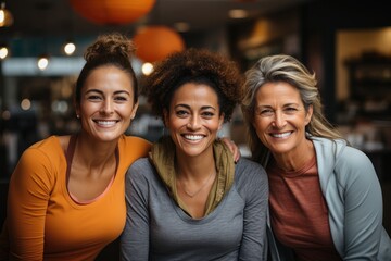 This vibrant image showcases three diverse women sharing smiles and joy in a cozy cafe, emphasizing friendship and the warmth of social connections.