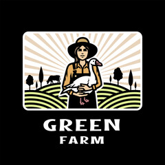 A girl farmer with a goose in her hands against the background of a farm. Logo, emblem on dark background.