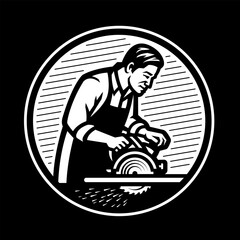 Carpenter with circular saw logo, emblem on dark background.