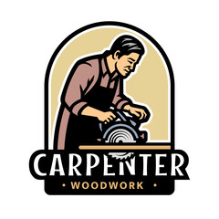 Carpenter with circular saw logo, emblem.