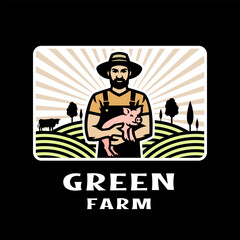 A farmer holding a piglet in his hands against the background of a farm. Logo, emblem on dark background.