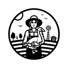 A girl farmer with a goose in her hands against the background of a farm.