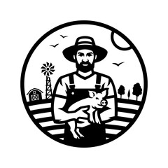 A farmer holding a piglet in his hands against the background of a farm.