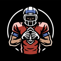 American football player with ball logo, emblem on dark background.