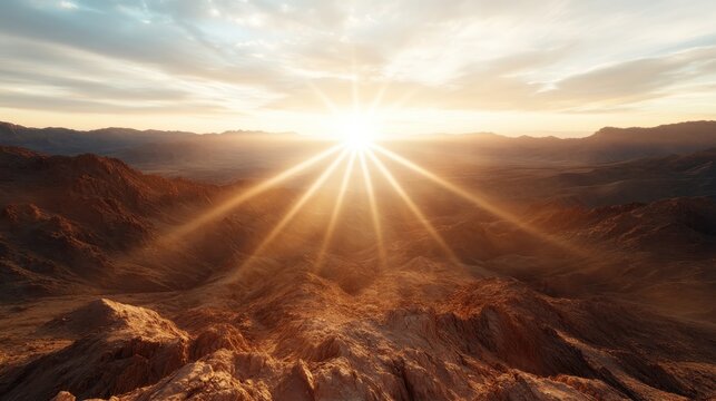 A breathtaking landscape showcasing a majestic sunrise over rugged mountain ranges captures the awe of nature's beauty, inspiring adventure and tranquility in every viewer.