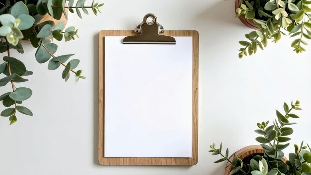 Blank wooden clipboard with white paper, positioned centrally, surrounded by potted green leafy plants, minimalist design, top-down composition on clean white background