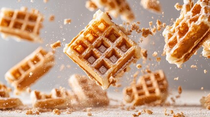 An exciting close-up of crispy waffles mid-fall, showcasing their golden texture and sugary coating, evoking a sense of indulgence and deliciousness.