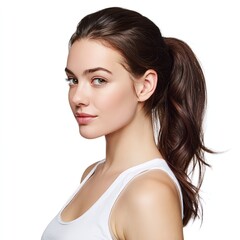 Fototapeta premium Woman with ponytail hairstyle brunette hair beauty portrait style guide fashion model clean background studio shot