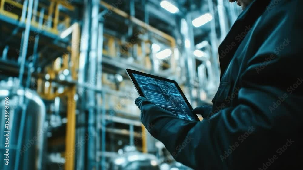 Poster industrial worker using a tablet in a factory.