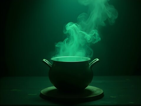 Witch cauldron in a dark room green smoke. .