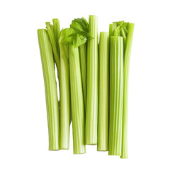 Fresh celery sticks arranged neatly on a white background for culinary use and presentation, Celery sticks on white background