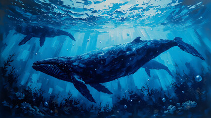 Fototapeta premium Serene Double Exposure Whale Pod Silhouette Over Coral Reef at Twilight